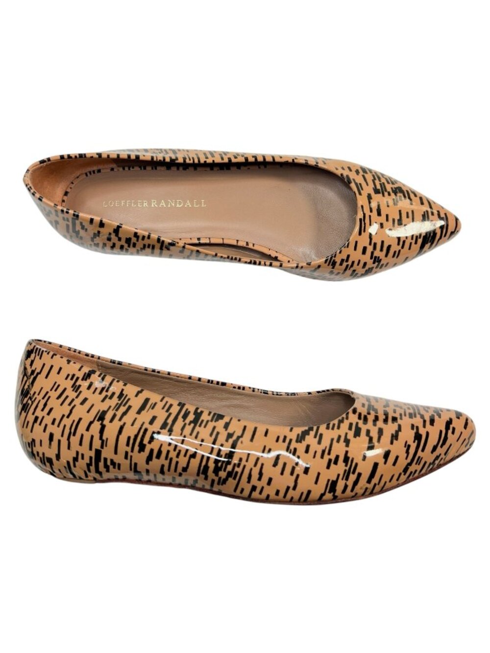 Loeffler Randall Patent Leather Printed Flats Tan Black Pointed Toe Size 8.5